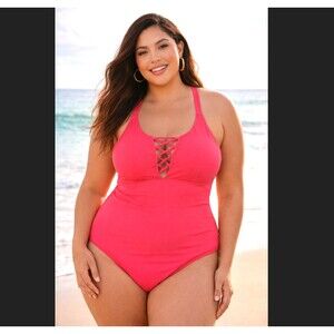 Torrid Wireless Lattice Tie Front One Piece Swimsuit 3X Coral Strappy Padded
